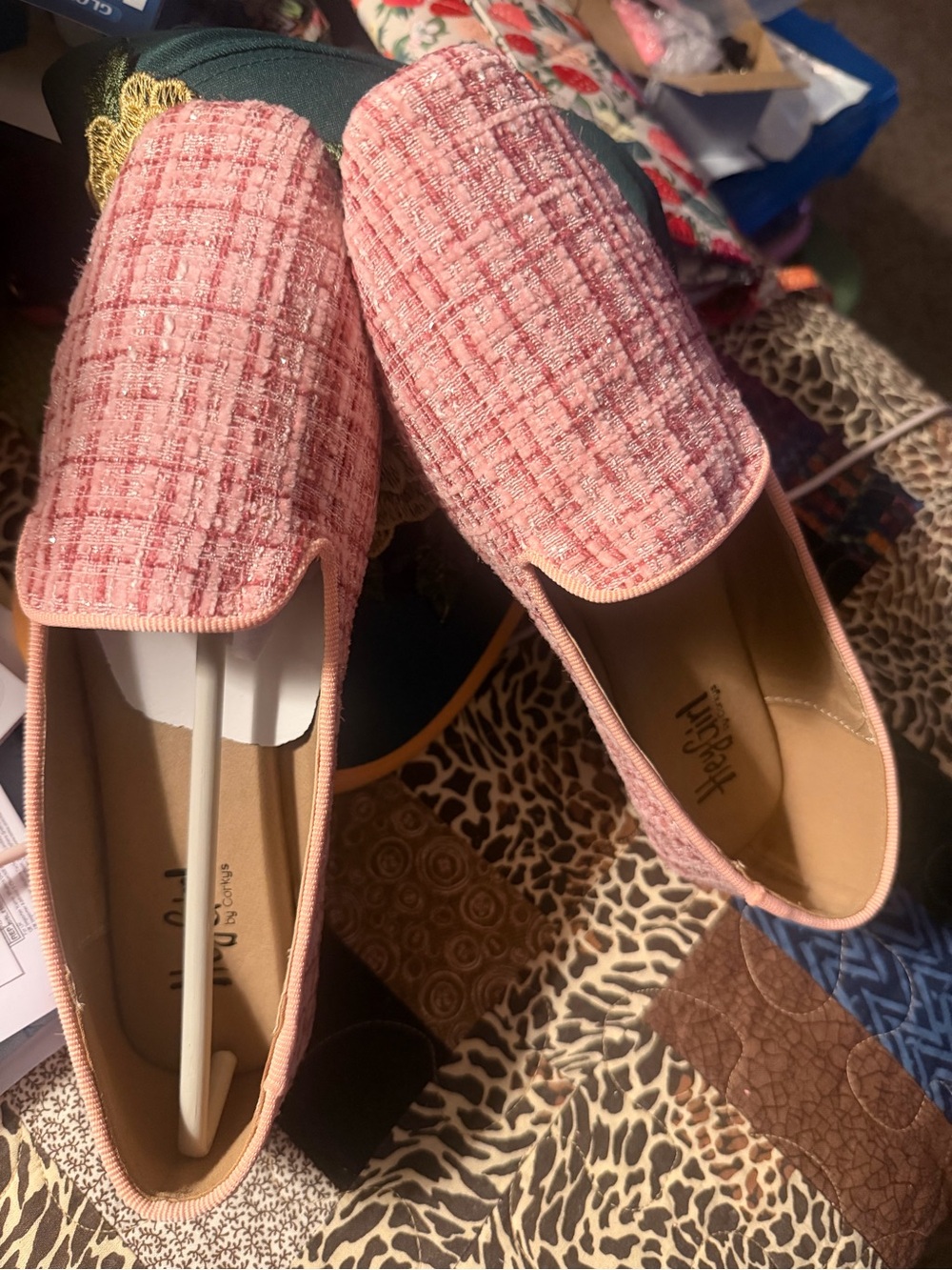 Pink Tweed Slip-On Loafers for Women